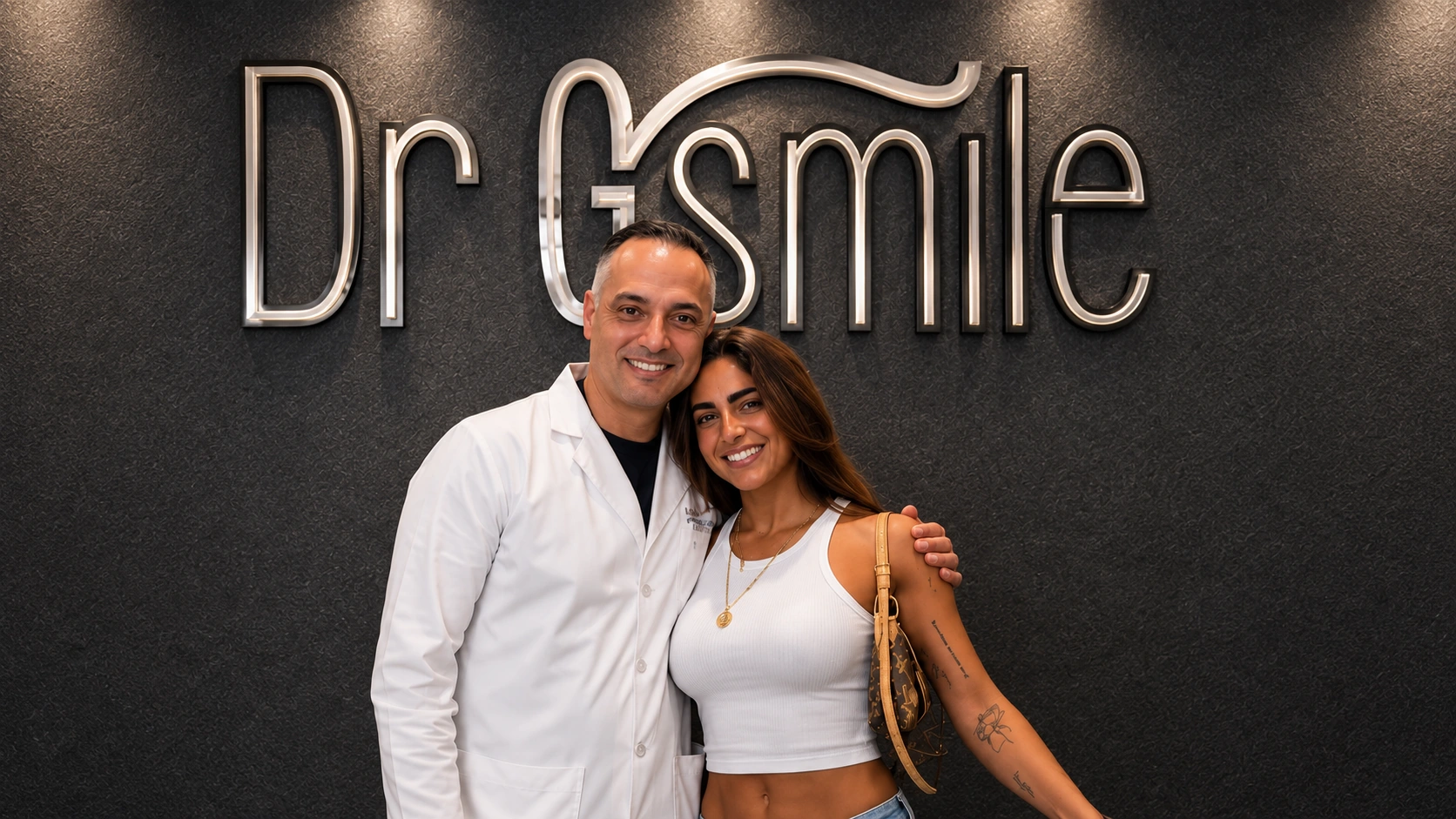 Isabella Ladera junto al Dr. Raúl González en DrGsmile · Edición con IA